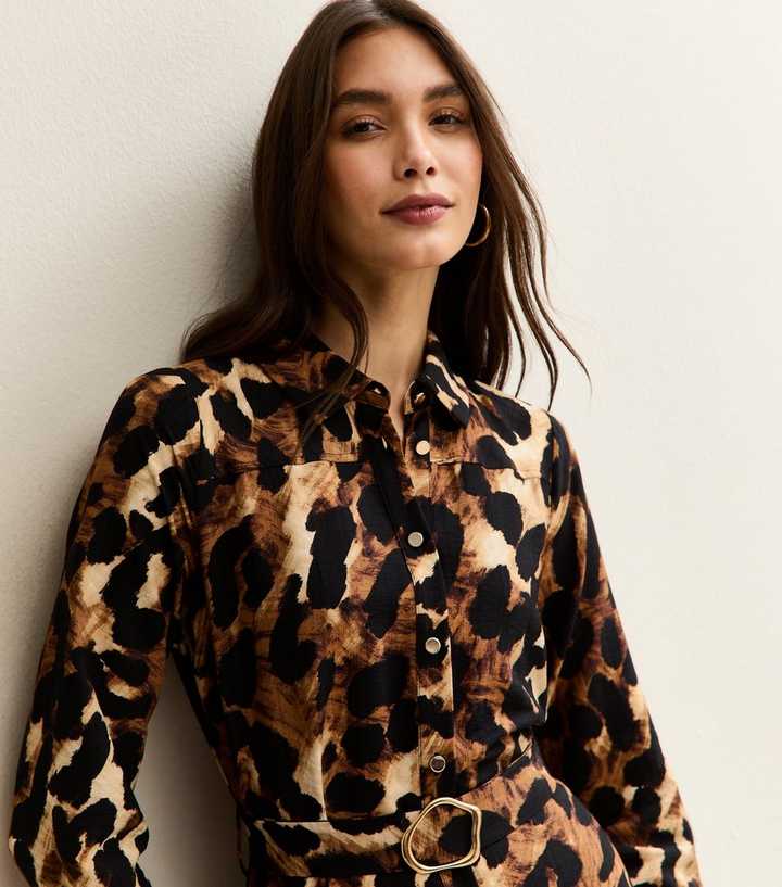 Brown Leopard Print Long Sleeve Shirt Dress | New Look