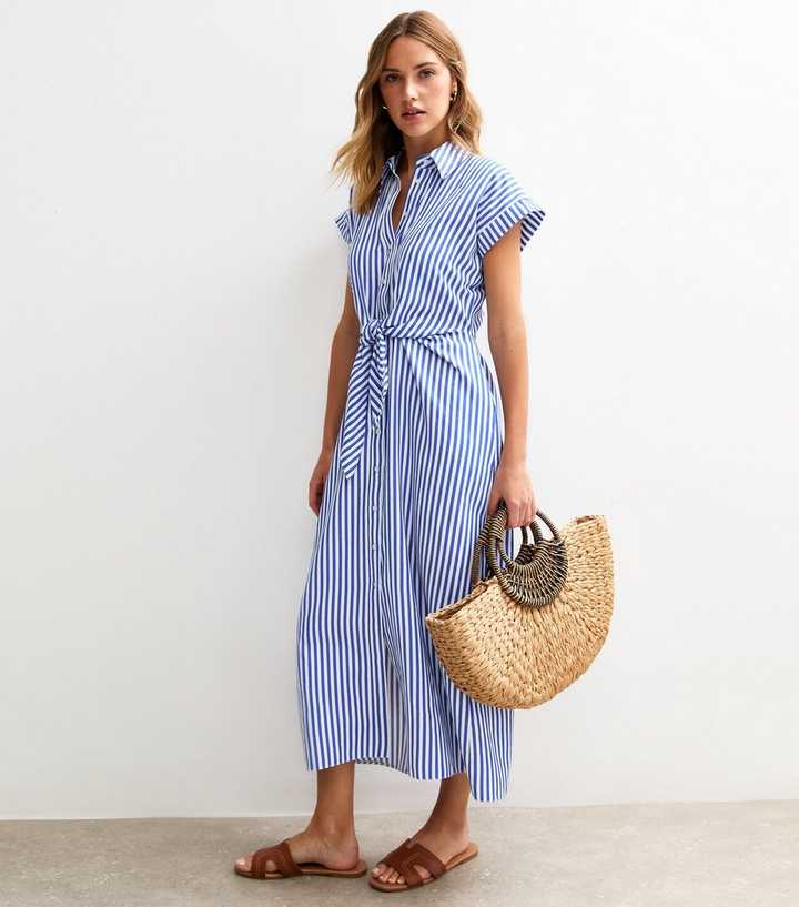 Blue Striped Tie Waist Midi Shirt Dress