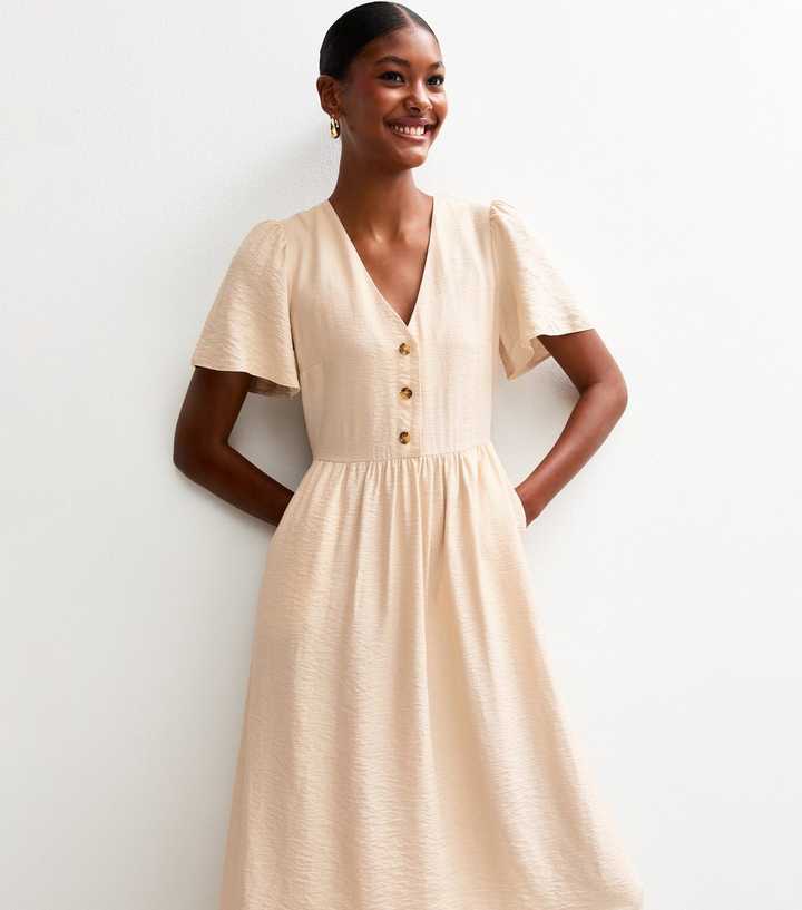 new look beige dress Light Yellow Flutter Sleeve V-Neck Midi Dress