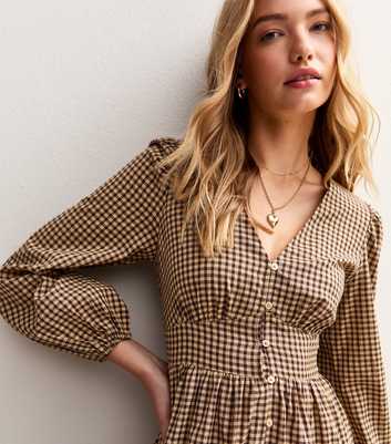 Brown Checked V-Neck Buttoned Midi Tea Dress