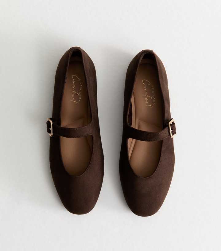 Brown Faux Suede High Vamp Mary Jane Ballerina Flats