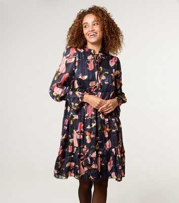 Blue Vanilla Black Floral Print Chiffon Dress