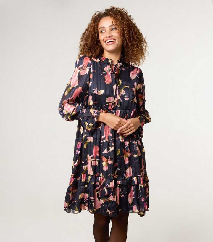 Blue Vanilla Black Floral Print Chiffon Dress