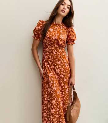 Orange Floral Print Short Sleeve Midi Dress