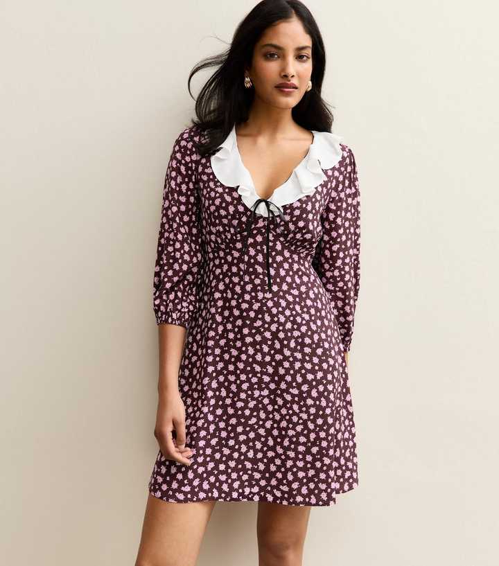 Purple Floral Print Frill Neck Mini Dress