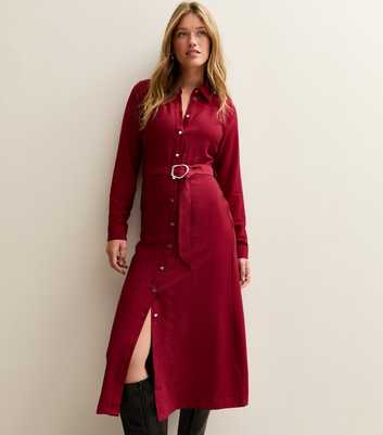 Red Button Up Belted Midi Shirt Dress