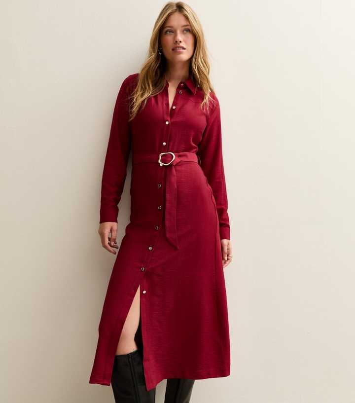 Red Button Up Belted Midi Shirt Dress