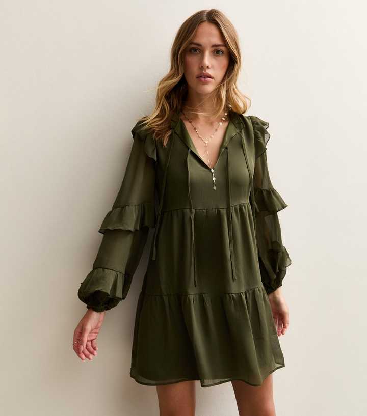 Khaki Ruffle Trimmed Tie Neck Chiffon Mini Dress