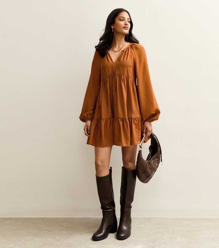 Camel Tie Neck Tiered Mini Dress