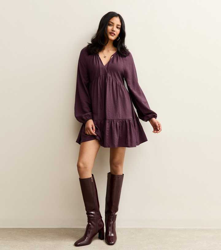 Dark Purple Tie Neck Tiered Mini Dress | New Look