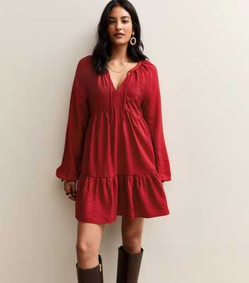 Red Tie Neck Tiered Mini Dress