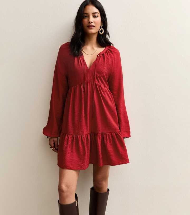 Red Tie Neck Tiered Mini Dress