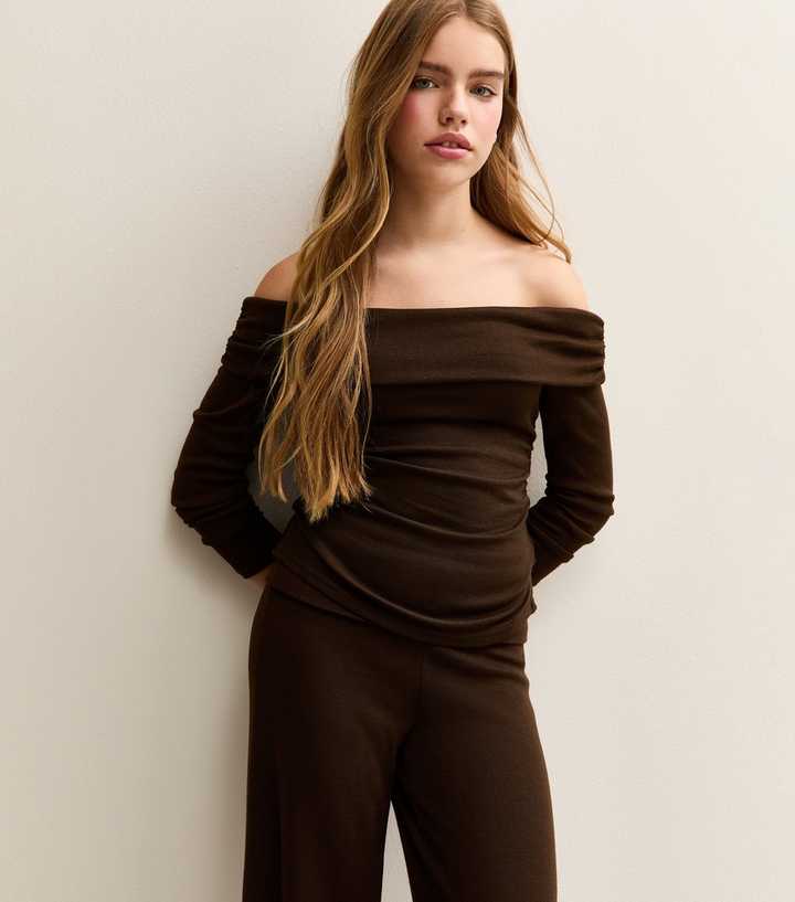 Girls Brown Ruched Side Bardot Top