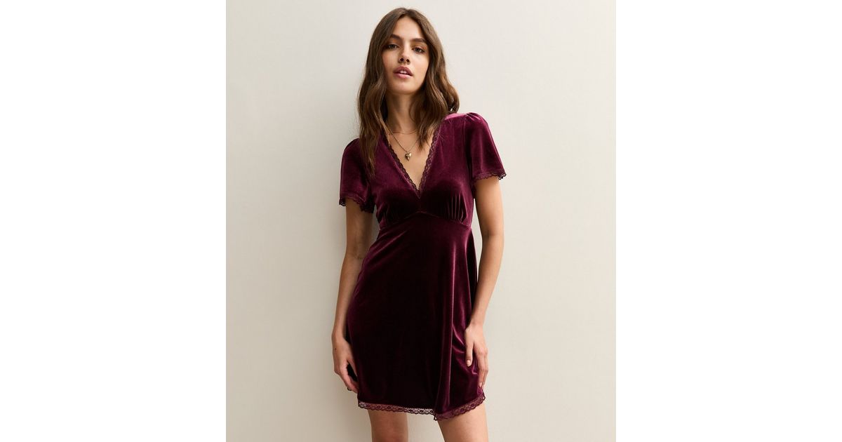 Burgundy Velvet Lace Trimmed Mini Dress | New Look