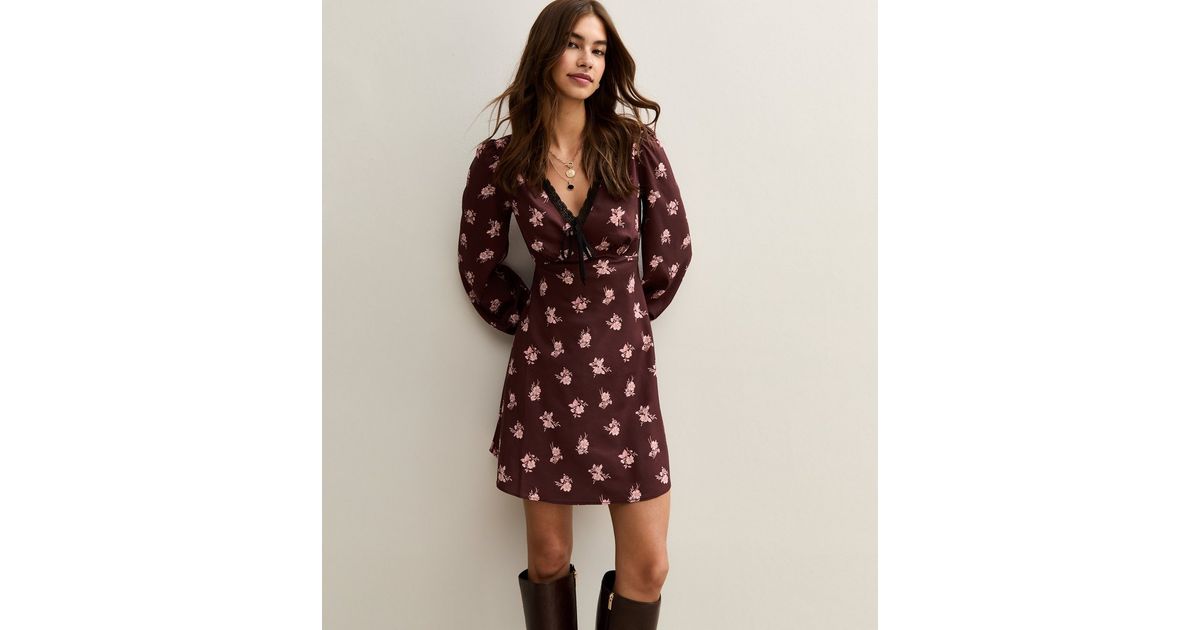 Brown Flower Shirring Mini Dress