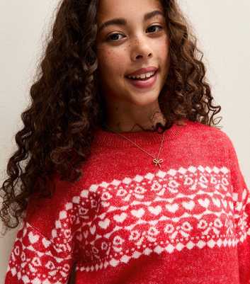 Girls Red Fairisle Crew Neck Jumper