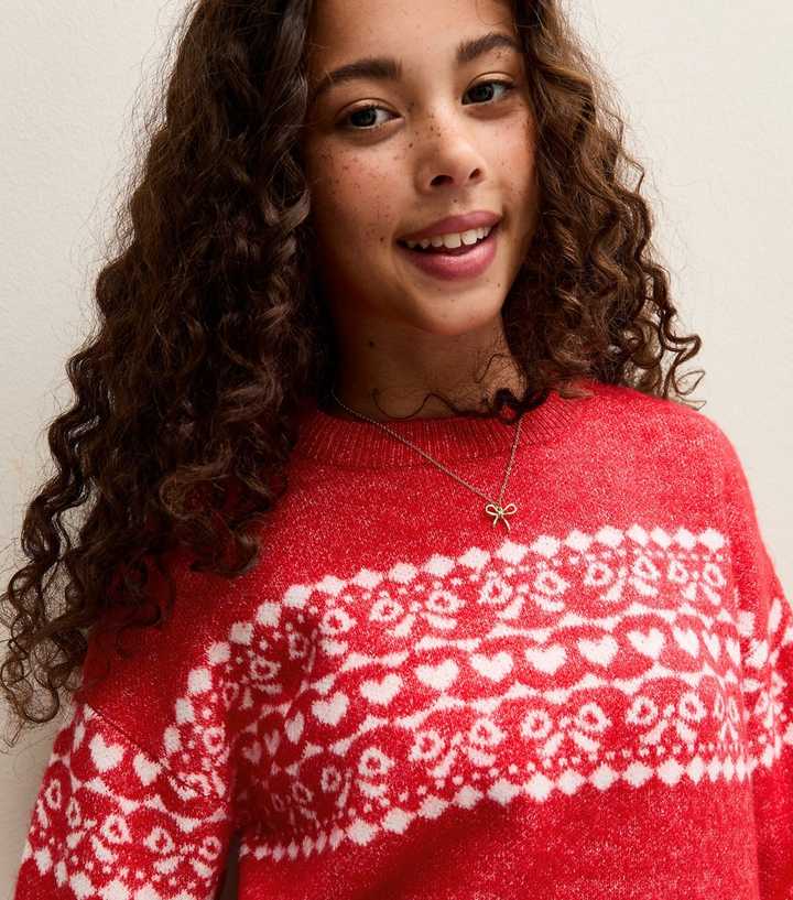 Girls Red Fairisle Crew Neck Jumper