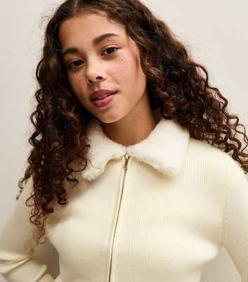 Girls Cream Faux Fur Collar Cardigan