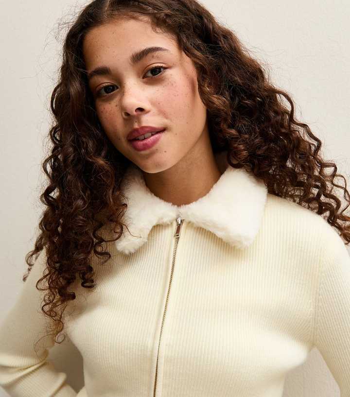 Girls Cream Faux Fur Collar Cardigan