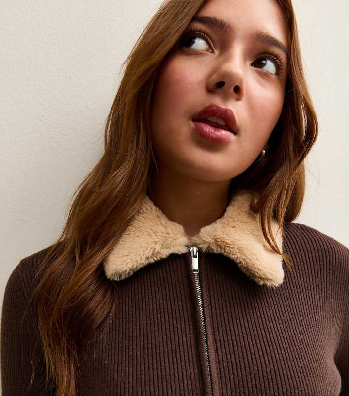 Girls Dark Brown Faux Fur Collar Cardigan