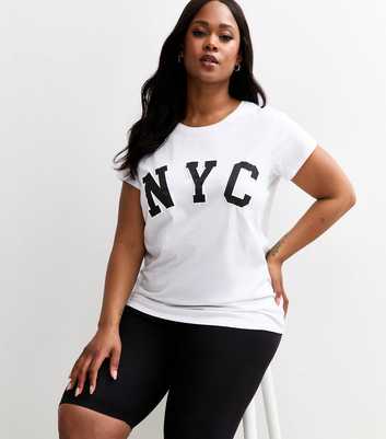 Curves White NYC Slogan Print T-Shirt 