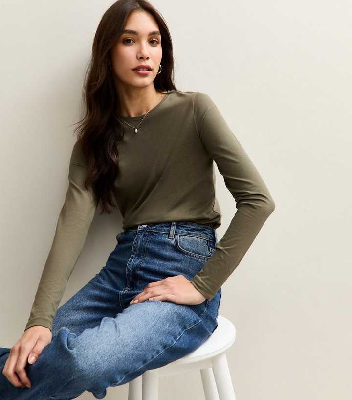 Dark Khaki Long Sleeve Crew Neck Top