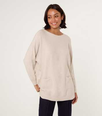 Blue Vanilla Cream Patch Pocket Slash Neck Jumper