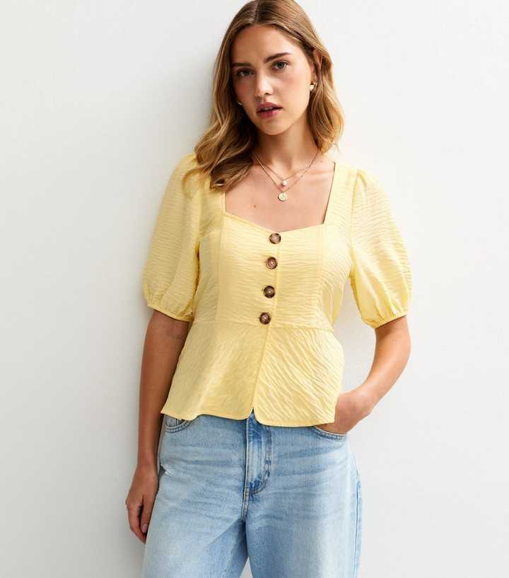 Yellow Textured Button Up Peplum Top