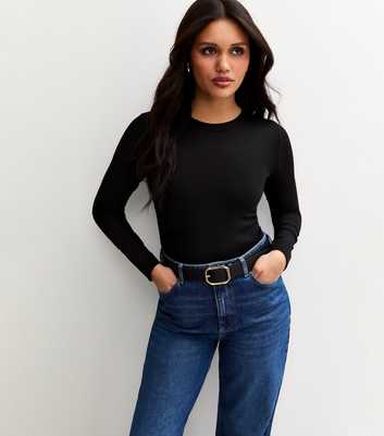 Black Long Sleeve Ribbed Crew Neck Top