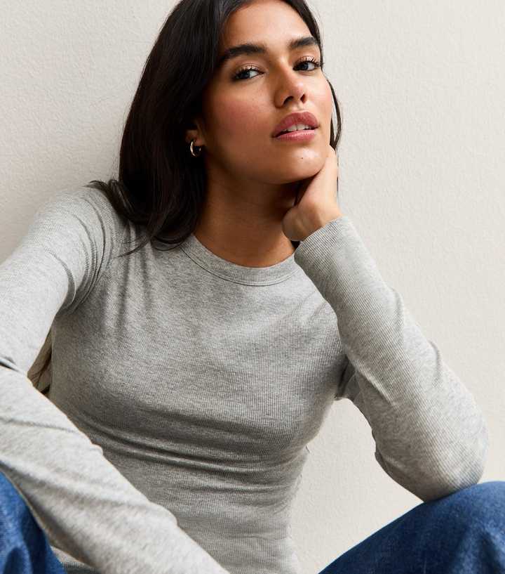 Grey Long Sleeve Ribbed Crew Neck Top