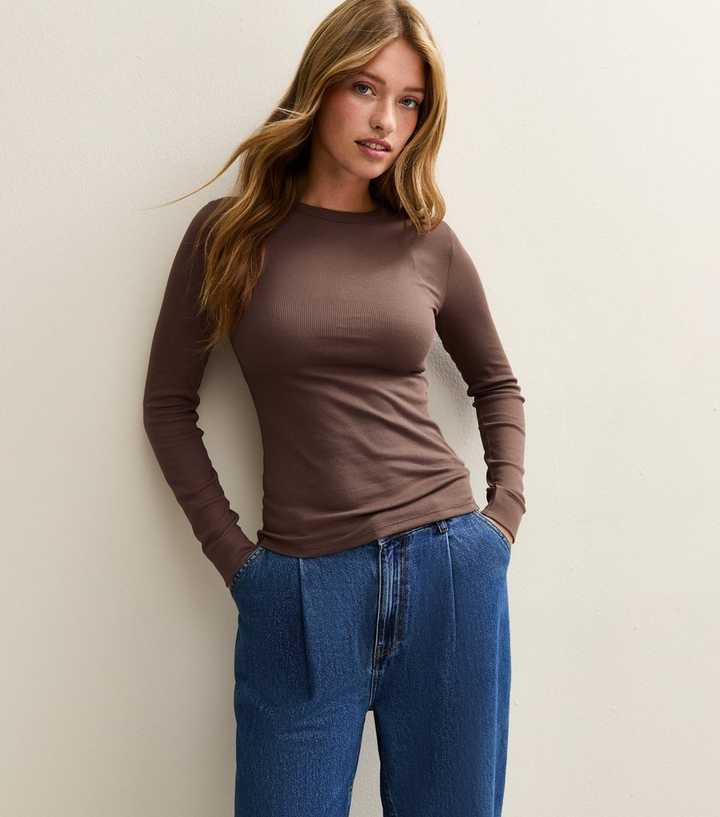 Dark Brown Long Sleeve Ribbed Crew Neck Top