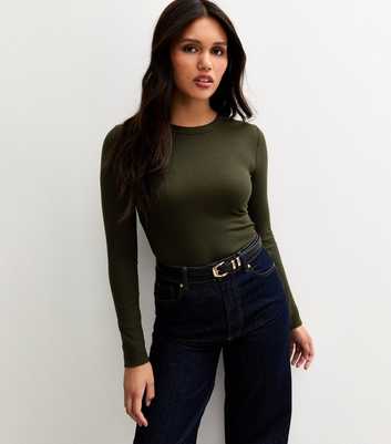 Dark Khaki Long Sleeve Ribbed Crew Neck Top