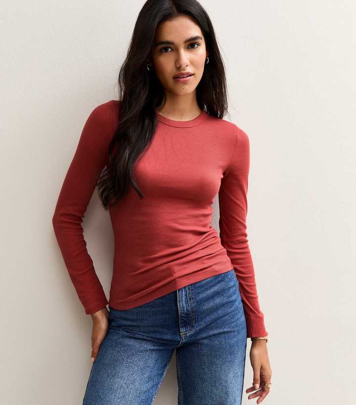 Dark Red Long Sleeve Ribbed Crew Neck Top