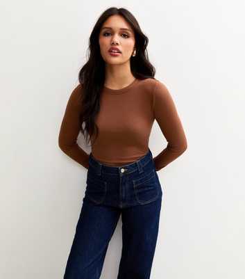 Burnt Orange Long Sleeve Ribbed Crew Neck Top