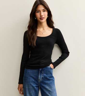 Black Scoop Neck Long Sleeve Ribbed Top