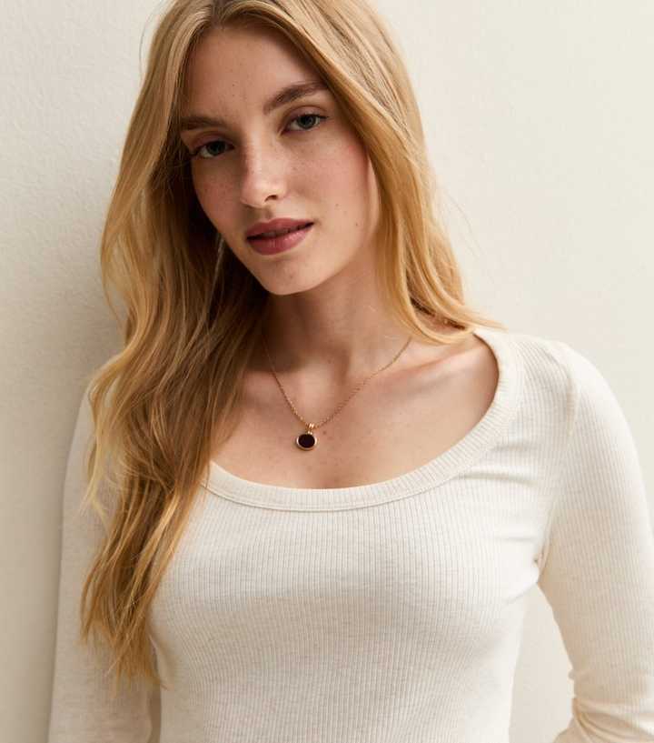 Cream Scoop Neck Long Sleeve Ribbed Top