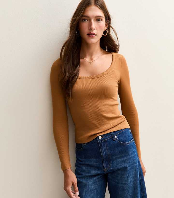 Light Brown Scoop Neck Long Sleeve Ribbed Top