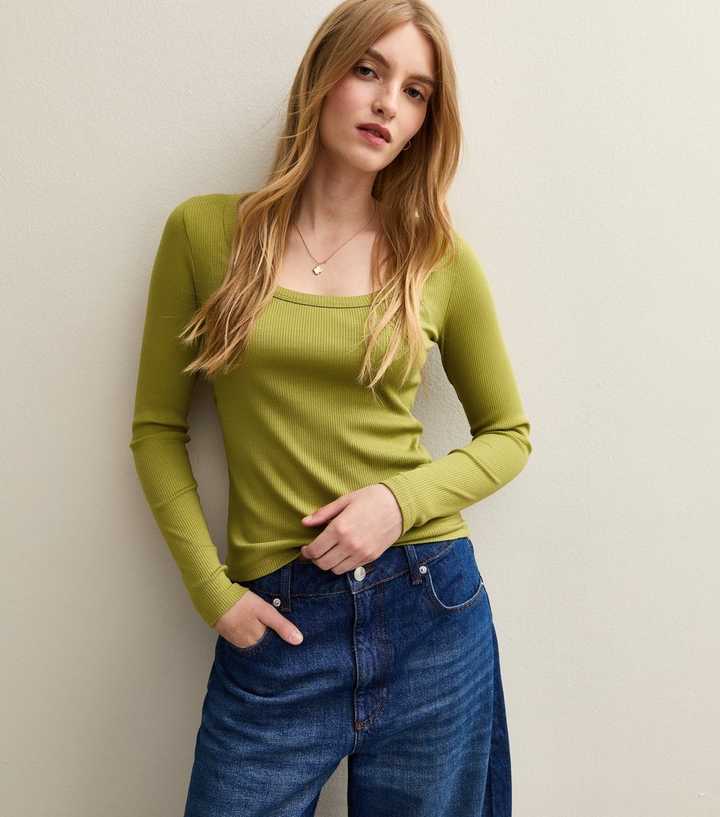 Light Khaki Scoop Neck Long Sleeve Ribbed Top