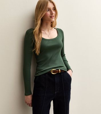 OThread & Co. Women's Basic Crop Top - Stretchy Scoop Neck, Cap Sleeve Shirt (Dark Green, Large) - View #2