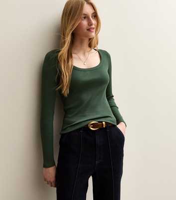 Dark Green Scoop Neck Long Sleeve Ribbed Top