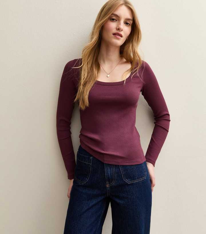 Purple Scoop Neck Long Sleeve Ribbed Top