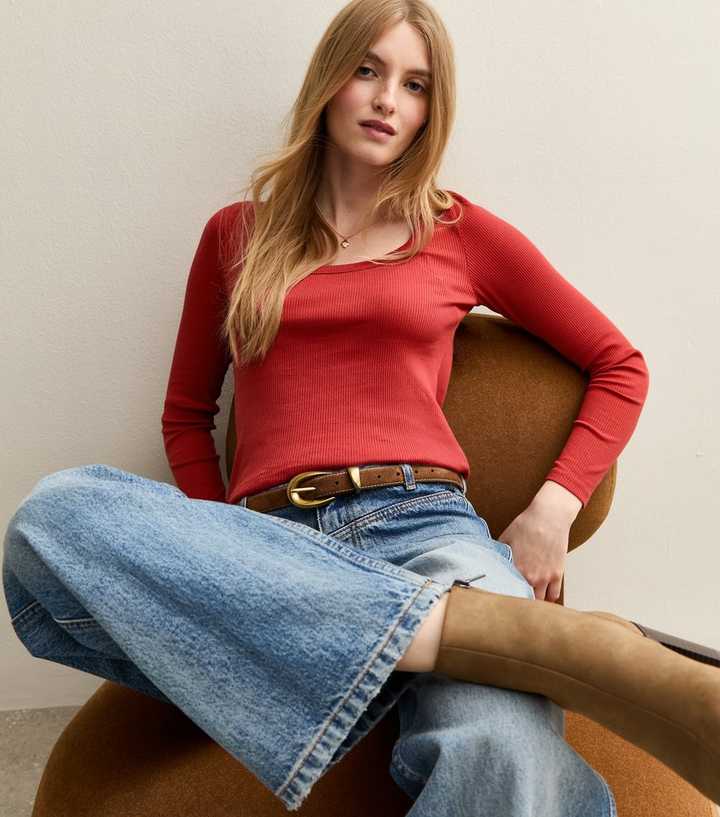 Red Scoop Neck Long Sleeve Ribbed Top