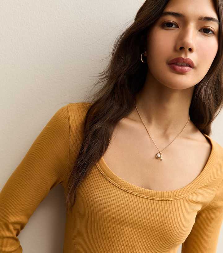 Dark Yellow Scoop Neck Long Sleeve Ribbed Top