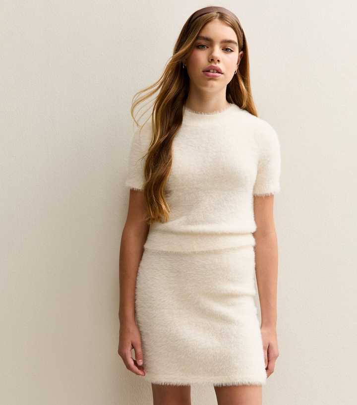 Girls Off White Fluffy Mini Skirt