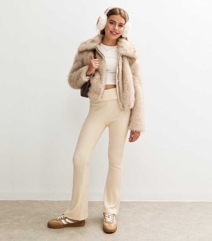 Girls Cream Ribbed Knit Flared Trousers