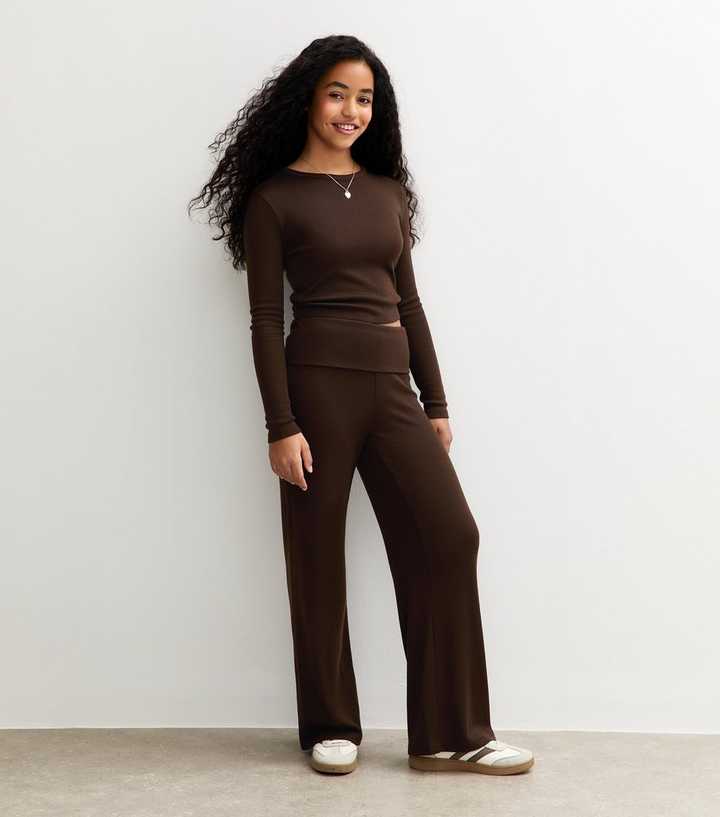 Girls Brown Fold Over Wide Leg Trousers