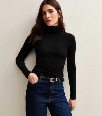 Black Ribbed Long Sleeve Roll Neck Top