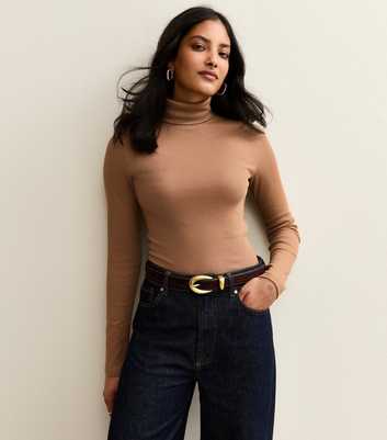 Brown Ribbed Long Sleeve Roll Neck Top