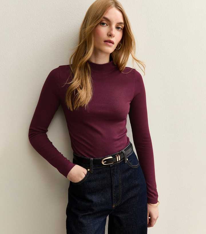 Burgundy Long Sleeve Roll Neck Top