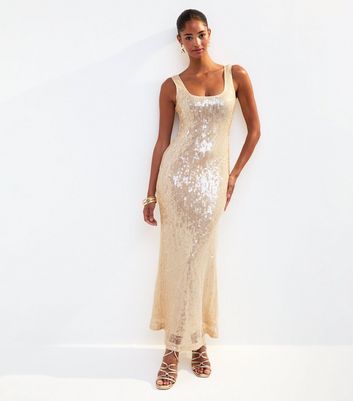 Gold Sequin Embellished Scoop Neck Midi Dress | New Look Gold Sequin Embellished Scoop Neck Midi Dress | New Look